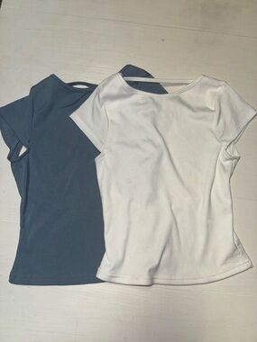 Ribbed Short Sleeve Backless Tee Pair - White & Dusty Blue: princess Polly